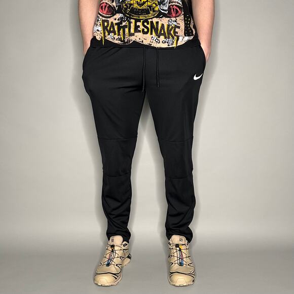 Nike Sweatpants Jet Black Cotton Joggers White Swoosh Dri Fit - Picture 2 of 4